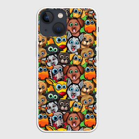 Чехол для iPhone 13 mini с принтом Веселые собачки в Новосибирске,  |  | Тематика изображения на принте: бульдог | голубые глаза | доберман | животные | жирафы | котики | милые | олени | разноцветные | собаки | хаски | яркие