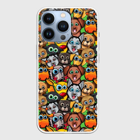 Чехол для iPhone 13 Pro с принтом Веселые собачки в Новосибирске,  |  | Тематика изображения на принте: бульдог | голубые глаза | доберман | животные | жирафы | котики | милые | олени | разноцветные | собаки | хаски | яркие