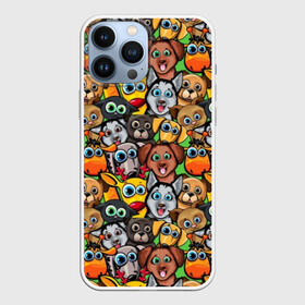 Чехол для iPhone 13 Pro Max с принтом Веселые собачки в Новосибирске,  |  | Тематика изображения на принте: бульдог | голубые глаза | доберман | животные | жирафы | котики | милые | олени | разноцветные | собаки | хаски | яркие