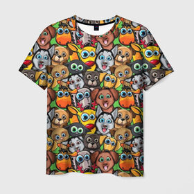 Мужская футболка 3D с принтом Веселые собачки в Новосибирске, 100% полиэфир | прямой крой, круглый вырез горловины, длина до линии бедер | Тематика изображения на принте: бульдог | голубые глаза | доберман | животные | жирафы | котики | милые | олени | разноцветные | собаки | хаски | яркие