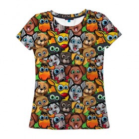 Женская футболка 3D с принтом Веселые собачки в Новосибирске, 100% полиэфир ( синтетическое хлопкоподобное полотно) | прямой крой, круглый вырез горловины, длина до линии бедер | бульдог | голубые глаза | доберман | животные | жирафы | котики | милые | олени | разноцветные | собаки | хаски | яркие