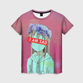 Женская футболка 3D с принтом Sadness в Новосибирске, 100% полиэфир ( синтетическое хлопкоподобное полотно) | прямой крой, круглый вырез горловины, длина до линии бедер | anime | cartoon | girl | girls | sad | sadness | trend | vaporwave | аниме | грусть | девушки | мультики | мультфильмы | тренды