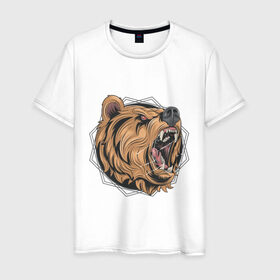 Мужская футболка хлопок с принтом Angry bear в Новосибирске, 100% хлопок | прямой крой, круглый вырез горловины, длина до линии бедер, слегка спущенное плечо. | Тематика изображения на принте: bear | злой медведь | медведь | природа