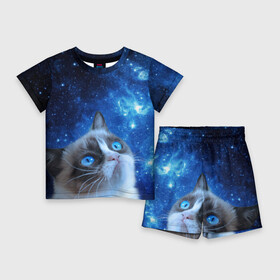 Детский костюм с шортами 3D с принтом Сердитый кот в космосе в Новосибирске,  |  | Тематика изображения на принте: grumpy cat | космос | кот | кот в космосе | кот мем | кошка | кошка мем | мем кот | сердитый кот | синий кот