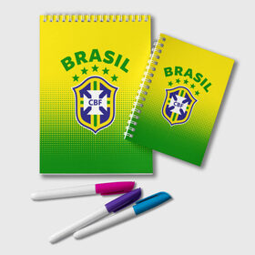 Блокнот с принтом Бразилия в Новосибирске, 100% бумага | 48 листов, плотность листов — 60 г/м2, плотность картонной обложки — 250 г/м2. Листы скреплены удобной пружинной спиралью. Цвет линий — светло-серый
 | Тематика изображения на принте: brasil | brazil | бразилия | бразильская сборная | сборная бразилии | сборная бразилии по футболу | сборные | форма | футбол | футбольные сборные | чемпиона | чемпионат мира