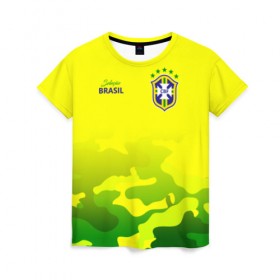 Женская футболка 3D с принтом Бразилия в Новосибирске, 100% полиэфир ( синтетическое хлопкоподобное полотно) | прямой крой, круглый вырез горловины, длина до линии бедер | brasil | brazil | бразилия | бразильская сборная | сборная бразилии | сборная бразилии по футболу | сборные | форма | футбол | футбольные сборные | чемпиона | чемпионат мира