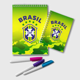 Блокнот с принтом Бразилия в Новосибирске, 100% бумага | 48 листов, плотность листов — 60 г/м2, плотность картонной обложки — 250 г/м2. Листы скреплены удобной пружинной спиралью. Цвет линий — светло-серый
 | Тематика изображения на принте: brasil | brazil | бразилия | бразильская сборная | сборная бразилии | сборная бразилии по футболу | сборные | форма | футбол | футбольные сборные | чемпиона | чемпионат мира