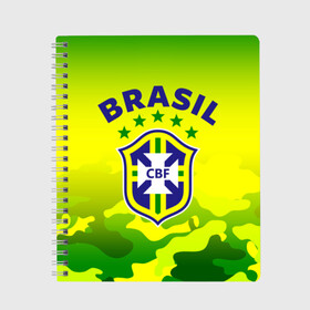 Тетрадь с принтом Бразилия в Новосибирске, 100% бумага | 48 листов, плотность листов — 60 г/м2, плотность картонной обложки — 250 г/м2. Листы скреплены сбоку удобной пружинной спиралью. Уголки страниц и обложки скругленные. Цвет линий — светло-серый
 | brasil | brazil | бразилия | бразильская сборная | сборная бразилии | сборная бразилии по футболу | сборные | форма | футбол | футбольные сборные | чемпиона | чемпионат мира