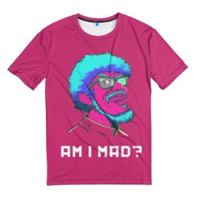 Мужская футболка 3D с принтом Am I MAD? в Новосибирске, 100% полиэфир | прямой крой, круглый вырез горловины, длина до линии бедер | game | games | hotline miami | mad | neon | rerto | retrowave | vhs | америка | безумие | игра | игры | неон | ретро | ретровейв | старое | хотлайн майами