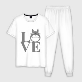 Мужская пижама хлопок с принтом Love Totoro в Новосибирске, 100% хлопок | брюки и футболка прямого кроя, без карманов, на брюках мягкая резинка на поясе и по низу штанин
 | forest | friend | ghibli | japan | keeper | miyazaki | nature | neigbor | neighbour | totoro | анимация | аниме | гибли | дерево | друг | животные | лес | люблю | любовь | милый | мир | миядзаки | мульт | мультфильм | приключения | природа