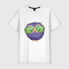 Мужская футболка хлопок Slim с принтом фиолетовая сова в Новосибирске, 92% хлопок, 8% лайкра | приталенный силуэт, круглый вырез ворота, длина до линии бедра, короткий рукав | глазастик | звездочки | лапки | маленькая | милая | милый | птенец | птичка | пушистик | сердечки | сова | совенок | совушка