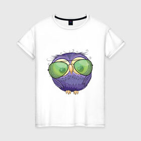 Женская футболка хлопок с принтом фиолетовая сова в Новосибирске, 100% хлопок | прямой крой, круглый вырез горловины, длина до линии бедер, слегка спущенное плечо | глазастик | звездочки | лапки | маленькая | милая | милый | птенец | птичка | пушистик | сердечки | сова | совенок | совушка