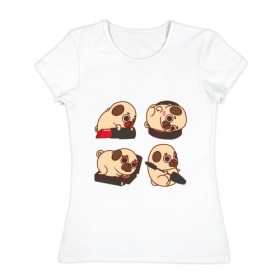 Женская футболка хлопок с принтом Мопс Красавчик в Новосибирске, 100% хлопок | прямой крой, круглый вырез горловины, длина до линии бедер, слегка спущенное плечо | pug | косметика | модник | модница | помада | собака