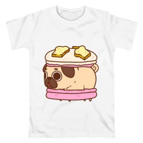Мужская футболка хлопок с принтом Мопс Пироженко в Новосибирске, 100% хлопок | прямой крой, круглый вырез горловины, длина до линии бедер, слегка спущенное плечо. | fastfood | junkfood | pug | еда | макарун | мопс | пирожное | пончик | сладость | собака | фастфуд
