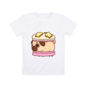 Детская футболка хлопок с принтом Мопс Пироженко в Новосибирске, 100% хлопок | круглый вырез горловины, полуприлегающий силуэт, длина до линии бедер | fastfood | junkfood | pug | еда | макарун | мопс | пирожное | пончик | сладость | собака | фастфуд
