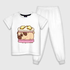 Детская пижама хлопок с принтом Мопс Пироженко в Новосибирске, 100% хлопок |  брюки и футболка прямого кроя, без карманов, на брюках мягкая резинка на поясе и по низу штанин
 | fastfood | junkfood | pug | еда | макарун | мопс | пирожное | пончик | сладость | собака | фастфуд