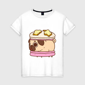 Женская футболка хлопок с принтом Мопс Пироженко в Новосибирске, 100% хлопок | прямой крой, круглый вырез горловины, длина до линии бедер, слегка спущенное плечо | fastfood | junkfood | pug | еда | макарун | мопс | пирожное | пончик | сладость | собака | фастфуд