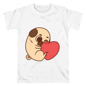 Мужская футболка хлопок с принтом Мопс и Сердечко в Новосибирске, 100% хлопок | прямой крой, круглый вырез горловины, длина до линии бедер, слегка спущенное плечо. | pug | любовь | мопс | сердце | собака