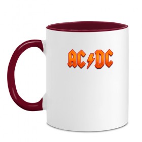 Кружка двухцветная с принтом AC/DC в Новосибирске, керамика | объем — 330 мл, диаметр — 80 мм. Цветная ручка и кайма сверху, в некоторых цветах — вся внутренняя часть | австралийская | ангус янг | блюз | группа | малькольм янг | рок | рок н ролл | стиви янг | хард