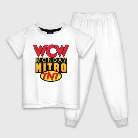 Детская пижама хлопок с принтом WCW Monday Night Nitro в Новосибирске, 100% хлопок |  брюки и футболка прямого кроя, без карманов, на брюках мягкая резинка на поясе и по низу штанин
 | Тематика изображения на принте: nitro | wcw | wrestling | рестлинг