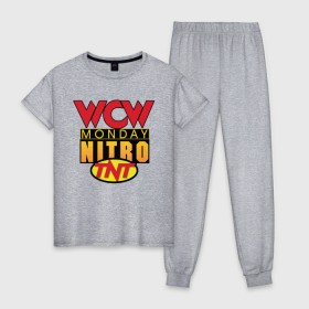 Женская пижама хлопок с принтом WCW Monday Night Nitro в Новосибирске, 100% хлопок | брюки и футболка прямого кроя, без карманов, на брюках мягкая резинка на поясе и по низу штанин | nitro | wcw | wrestling | рестлинг