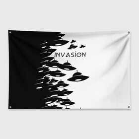 Флаг-баннер с принтом Вторжение в Новосибирске, 100% полиэстер | размер 67 х 109 см, плотность ткани — 95 г/м2; по краям флага есть четыре люверса для крепления | invasion | ufo | вторжение | инопланетянин | летающая тарелка | нло | пришельцы