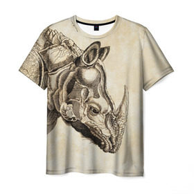 Мужская футболка 3D с принтом Носорог (гравюра Дюрера) в Новосибирске, 100% полиэфир | прямой крой, круглый вырез горловины, длина до линии бедер | rhinoceros | гравюра | индия | латы | млекопитающий | непарнокопытный | рог | холст | чешуя