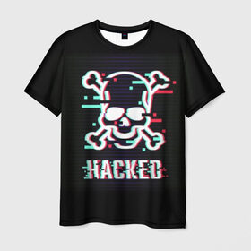Мужская футболка 3D с принтом Pirate sign в Новосибирске, 100% полиэфир | прямой крой, круглый вырез горловины, длина до линии бедер | attack | bones | glitch | hacked | hacker | pirate | sign | skull | symbol | text | warning | атака | взломанный | глюк | знак | кости | пиратский | предупреждение | символ | текст | хакер | череп