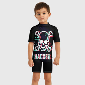 Детский купальный костюм 3D с принтом Pirate sign в Новосибирске, Полиэстер 85%, Спандекс 15% | застежка на молнии на спине | attack | bones | glitch | hacked | hacker | pirate | sign | skull | symbol | text | warning | атака | взломанный | глюк | знак | кости | пиратский | предупреждение | символ | текст | хакер | череп