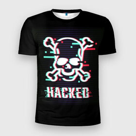Мужская футболка 3D спортивная с принтом Pirate sign в Новосибирске, 100% полиэстер с улучшенными характеристиками | приталенный силуэт, круглая горловина, широкие плечи, сужается к линии бедра | attack | bones | glitch | hacked | hacker | pirate | sign | skull | symbol | text | warning | атака | взломанный | глюк | знак | кости | пиратский | предупреждение | символ | текст | хакер | череп