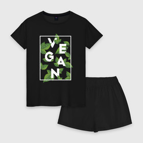 Женская пижама с шортиками хлопок с принтом Vegan в Новосибирске, 100% хлопок | футболка прямого кроя, шорты свободные с широкой мягкой резинкой | веган | веганство | вегетарианец | вегетарианство | еда | защита | зеленый | земля | листья | мир | охрана | позиция | природа