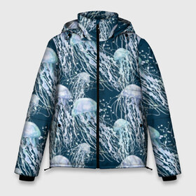 Мужская зимняя куртка 3D с принтом Медузы в Новосибирске, верх — 100% полиэстер; подкладка — 100% полиэстер; утеплитель — 100% полиэстер | длина ниже бедра, свободный силуэт Оверсайз. Есть воротник-стойка, отстегивающийся капюшон и ветрозащитная планка. 

Боковые карманы с листочкой на кнопках и внутренний карман на молнии. | Тематика изображения на принте: bubbles | cant | depth | dome | float | flock | jellyfish | long | mirror | sea | shimmer | tails | transparent | water | вода | глубина | длинные | зеркальное | косяк | купол | медузы | мерцание | море | плывут | прозрачные | пузыри | стая | хвосты