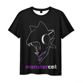 Мужская футболка 3D с принтом Monstercat в Новосибирске, 100% полиэфир | прямой крой, круглый вырез горловины, длина до линии бедер | Тематика изображения на принте: monstercat | клуб | клубная музыка | кот | котенок | кошка | лейбл | монстар | монстар кет | монстер | музыка | танцевальная музыка | электронная | электронная музыка