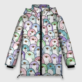 Женская зимняя куртка 3D с принтом Цветные Пингвинчики в Новосибирске, верх — 100% полиэстер; подкладка — 100% полиэстер; утеплитель — 100% полиэстер | длина ниже бедра, силуэт Оверсайз. Есть воротник-стойка, отстегивающийся капюшон и ветрозащитная планка. 

Боковые карманы с листочкой на кнопках и внутренний карман на молнии | Тематика изображения на принте: colors | cute | детский | лапочка | милый | мимими | паттерн | пингвин | северный полюс | стая | толпа