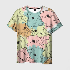 Мужская футболка 3D с принтом Акварельные Зайки в Новосибирске, 100% полиэфир | прямой крой, круглый вырез горловины, длина до линии бедер | зая | заяц | кисти | кляксы | краски | кролик | мазки | милый | мимими | пушистый | пятна | рисунок | цветной | ценный мех