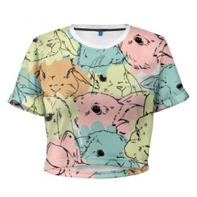 Женская футболка 3D укороченная с принтом Акварельные Зайки в Новосибирске, 100% полиэстер | круглая горловина, длина футболки до линии талии, рукава с отворотами | зая | заяц | кисти | кляксы | краски | кролик | мазки | милый | мимими | пушистый | пятна | рисунок | цветной | ценный мех