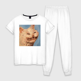 Женская пижама хлопок с принтом МЕМ КОТ в Новосибирске, 100% хлопок | брюки и футболка прямого кроя, без карманов, на брюках мягкая резинка на поясе и по низу штанин | искусство | кот | кот мем | котомем | коты мемы | кошка | кошка мем | лицо | лицо кота | лицо кошки | мем | мем кот | мем кошка | нарисованный | перекосившиеся лицо | рисунок | рожа кота