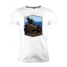 Мужская футболка премиум с принтом Мотоклист в Новосибирске, 92% хлопок, 8% лайкра | приталенный силуэт, круглый вырез ворота, длина до линии бедра, короткий рукав | moto | байк | байкер | мото | мото спорт | мотоспорт | мотоцикл | мотоциклист