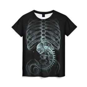 Женская футболка 3D с принтом Чужой на Рентгене в Новосибирске, 100% полиэфир ( синтетическое хлопкоподобное полотно) | прямой крой, круглый вырез горловины, длина до линии бедер | alien | больница | больной | внутренний мир | врач | клиника | кости | пациент | ребра | рентген | скелет | снимок | хищник