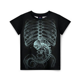 Детская футболка 3D с принтом Чужой на Рентгене в Новосибирске, 100% гипоаллергенный полиэфир | прямой крой, круглый вырез горловины, длина до линии бедер, чуть спущенное плечо, ткань немного тянется | Тематика изображения на принте: alien | больница | больной | внутренний мир | врач | клиника | кости | пациент | ребра | рентген | скелет | снимок | хищник