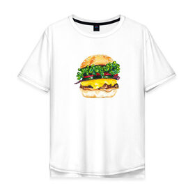 Мужская футболка хлопок Oversize с принтом Акварельный Бургер в Новосибирске, 100% хлопок | свободный крой, круглый ворот, “спинка” длиннее передней части | Тематика изображения на принте: 