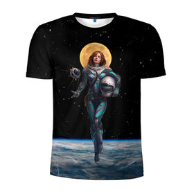 Мужская футболка 3D спортивная с принтом Девушка-космонавт в Новосибирске, 100% полиэстер с улучшенными характеристиками | приталенный силуэт, круглая горловина, широкие плечи, сужается к линии бедра | nasa | вселенная | девушка | звёзды | земля | космос | луна | наса | небо | нимб | планета | скафандр | спутник | ссср