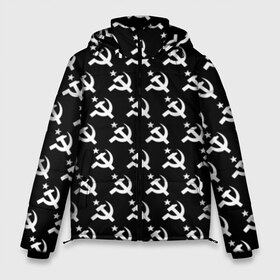 Мужская зимняя куртка 3D с принтом Серп и Молот в Новосибирске, верх — 100% полиэстер; подкладка — 100% полиэстер; утеплитель — 100% полиэстер | длина ниже бедра, свободный силуэт Оверсайз. Есть воротник-стойка, отстегивающийся капюшон и ветрозащитная планка. 

Боковые карманы с листочкой на кнопках и внутренний карман на молнии. | Тематика изображения на принте: black and white | logo | pattern | russia | ussr | логотип | надпись | патриот | патриотизм | паттерн | рожденный в ссср | россия | серп и молот | советский союз | ссср | черно белый | я русский