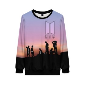 Женский свитшот 3D с принтом BTS on the Sunset в Новосибирске, 100% полиэстер с мягким внутренним слоем | круглый вырез горловины, мягкая резинка на манжетах и поясе, свободная посадка по фигуре | army | hip hop | j hope | jimin | jin | jungkook | k pop | rap | rm | suga | v | джей хоуп | джин | закат | контур | рм | рэп | силуэт | чи мин | чон гук | шуга