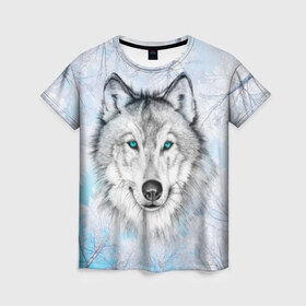 Женская футболка 3D с принтом Волк в Новосибирске, 100% полиэфир ( синтетическое хлопкоподобное полотно) | прямой крой, круглый вырез горловины, длина до линии бедер | берёзы | волчара | глаза | зима | лес | матёрый | небо | собака | хищник