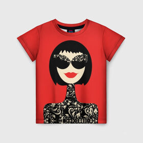 Детская футболка 3D с принтом Fashion woman в Новосибирске, 100% гипоаллергенный полиэфир | прямой крой, круглый вырез горловины, длина до линии бедер, чуть спущенное плечо, ткань немного тянется | black | brunette | caret | design | fashionable | girl | hairstyle | leaves | lips | patterns | plants | pop art | portrait | red | smile | woman | брюнетка | губы | девушка | дизайн | женщина | каре | красные | листья | модная | очки | поп арт 