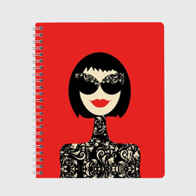 Тетрадь с принтом Fashion woman в Новосибирске, 100% бумага | 48 листов, плотность листов — 60 г/м2, плотность картонной обложки — 250 г/м2. Листы скреплены сбоку удобной пружинной спиралью. Уголки страниц и обложки скругленные. Цвет линий — светло-серый
 | black | brunette | caret | design | fashionable | girl | hairstyle | leaves | lips | patterns | plants | pop art | portrait | red | smile | woman | брюнетка | губы | девушка | дизайн | женщина | каре | красные | листья | модная | очки | поп арт 