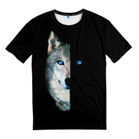 Мужская футболка 3D с принтом Волк в Новосибирске, 100% полиэфир | прямой крой, круглый вырез горловины, длина до линии бедер | Тематика изображения на принте: animal | art | blue | day | head | muzzle | night | predator | view | wild | wolf | взгляд | волк | голова | день | дикий | животное | искусство | ночь | синий | хищник