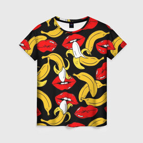Женская футболка 3D с принтом Губы и бананы в Новосибирске, 100% полиэфир ( синтетическое хлопкоподобное полотно) | прямой крой, круглый вырез горловины, длина до линии бедер | background | bananas | black | drawing | erotic | food | fruit | lips | red | womens | бананы | губы | еда | женские | красные | рисунок | фон | фрукты | черный
