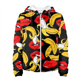 Женская куртка 3D с принтом Губы и бананы в Новосибирске, ткань верха — 100% полиэстер, подклад — флис | прямой крой, подол и капюшон оформлены резинкой с фиксаторами, два кармана без застежек по бокам, один большой потайной карман на груди. Карман на груди застегивается на липучку | background | bananas | black | drawing | erotic | food | fruit | lips | red | womens | бананы | губы | еда | женские | красные | рисунок | фон | фрукты | черный